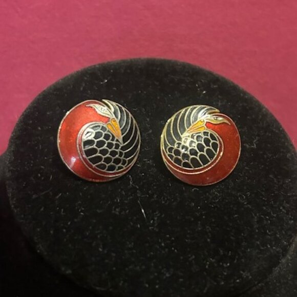 LAUREL BURCH “Minah Bird” Gold Red Black Enamel EARRINGS - Picture 4 of 7